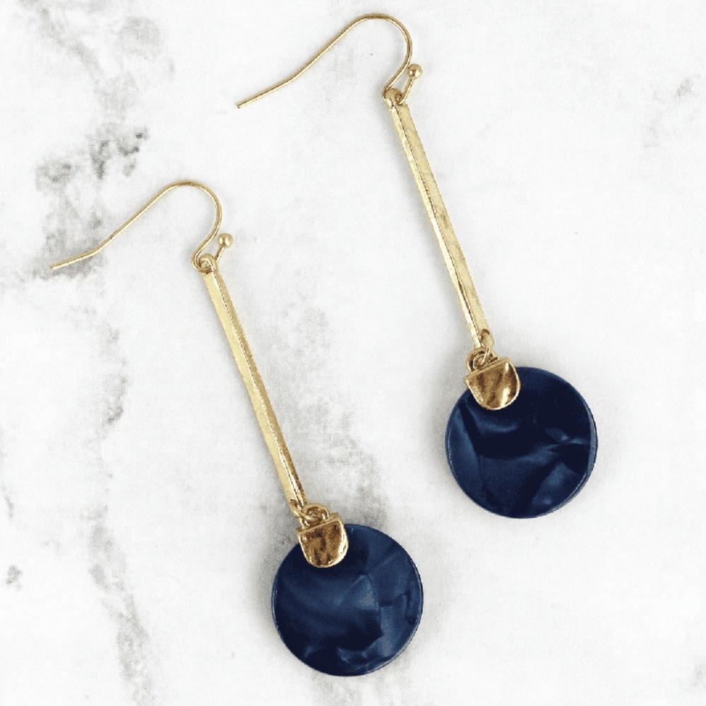 GOLDTONE BAR & NAVY RESIN DISK DROP EARRINGS